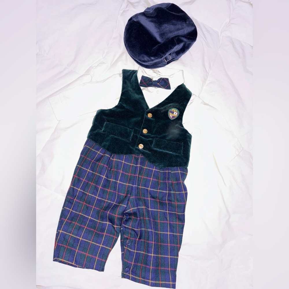 Vintage Velvet Plaid Boys One Piece. 3-6M